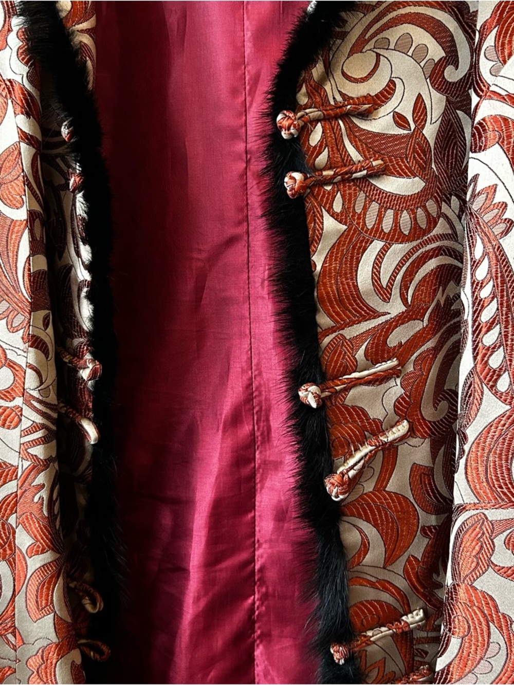 100% SILK Brocade Jacket Mandarin Collar Frog Closure Vintage Glam Statement - Picture 7 of 16